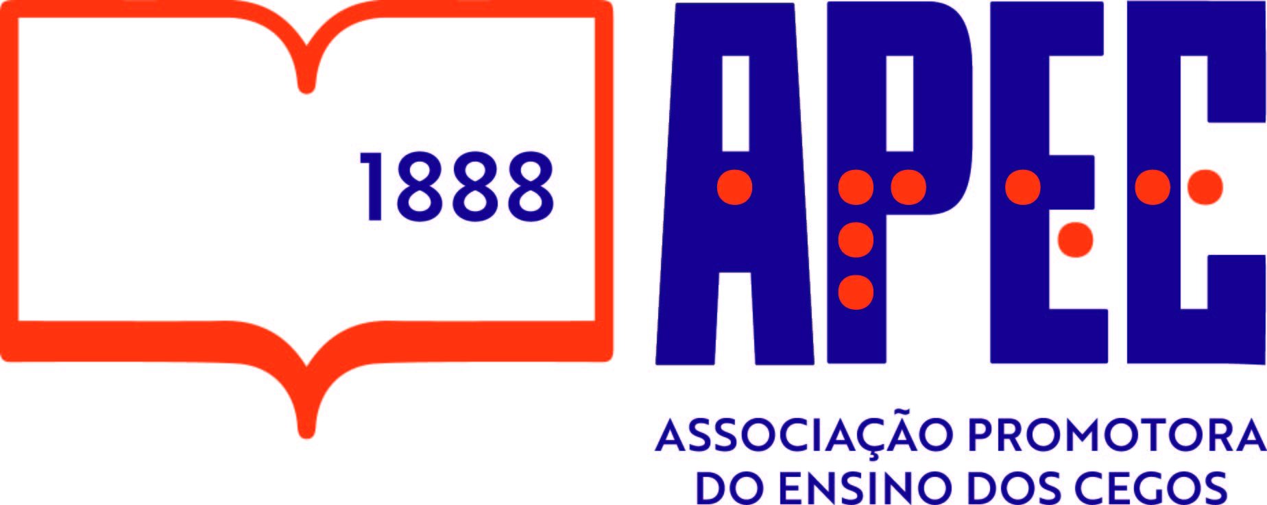 À esquerda, um livro aberto com contorno laranja, com a página da esquerda vazia e na página da direita a data 1888 a roxo. À direita desse livro, a sigla APEC, em letras capitais a roxo e em Braille laranja. Por baixo: Associação Promotora do Ensino dos Cegos a roxo.