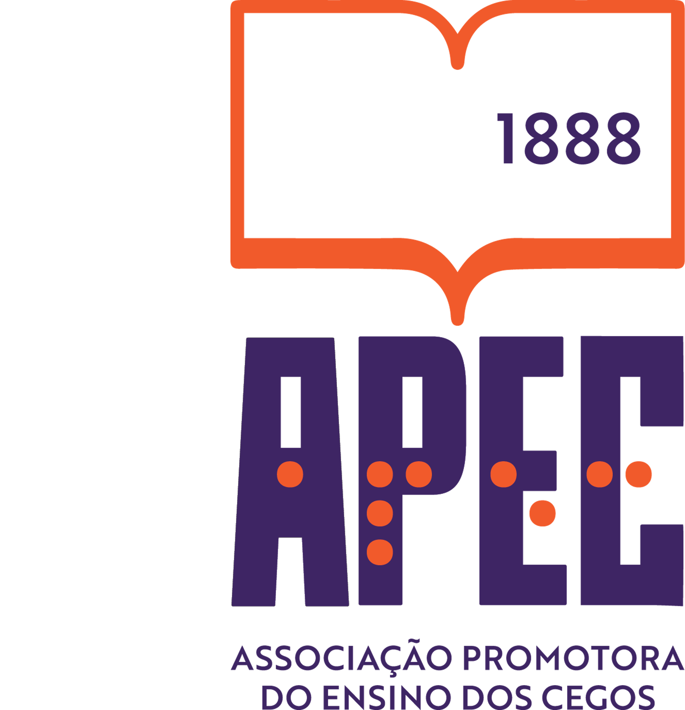 Um livro aberto com contorno laranja, com a página da esquerda vazia e na página da direita a data 1888 a roxo. Por baixo desse livro, a sigla APEC, em letras capitais a roxo e em Braille laranja. Por baixo: Associação Promotora do Ensino dos Cegos a roxo.