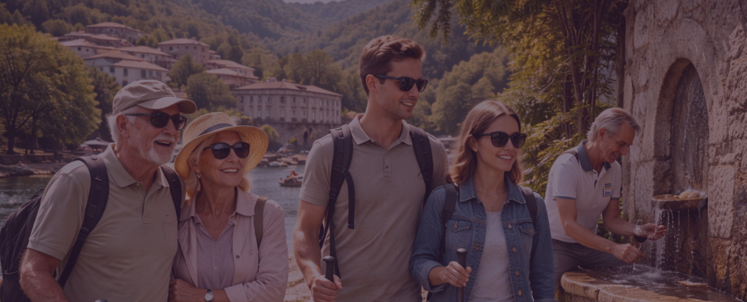 Grupo de pessoas com e sem deficiência visual participa num momento de lazer inclusivo em São Pedro do Sul, caminhando junto a um rio em ambiente natural e histórico, com bengalas brancas, sorrisos e interação social, representando férias acessíveis e convivência em grupo.
